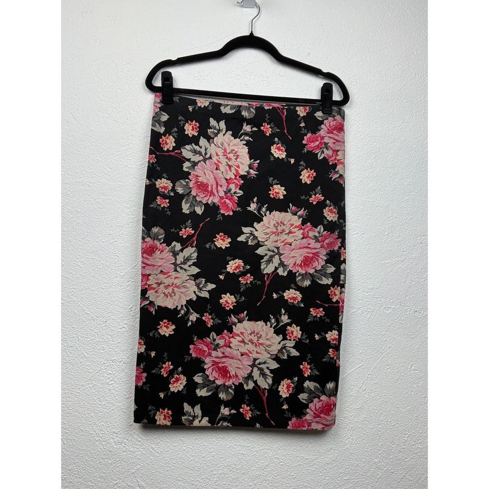 Express Black Floral Pencil Skirt - L - Stretch Cotton Romantic Boho